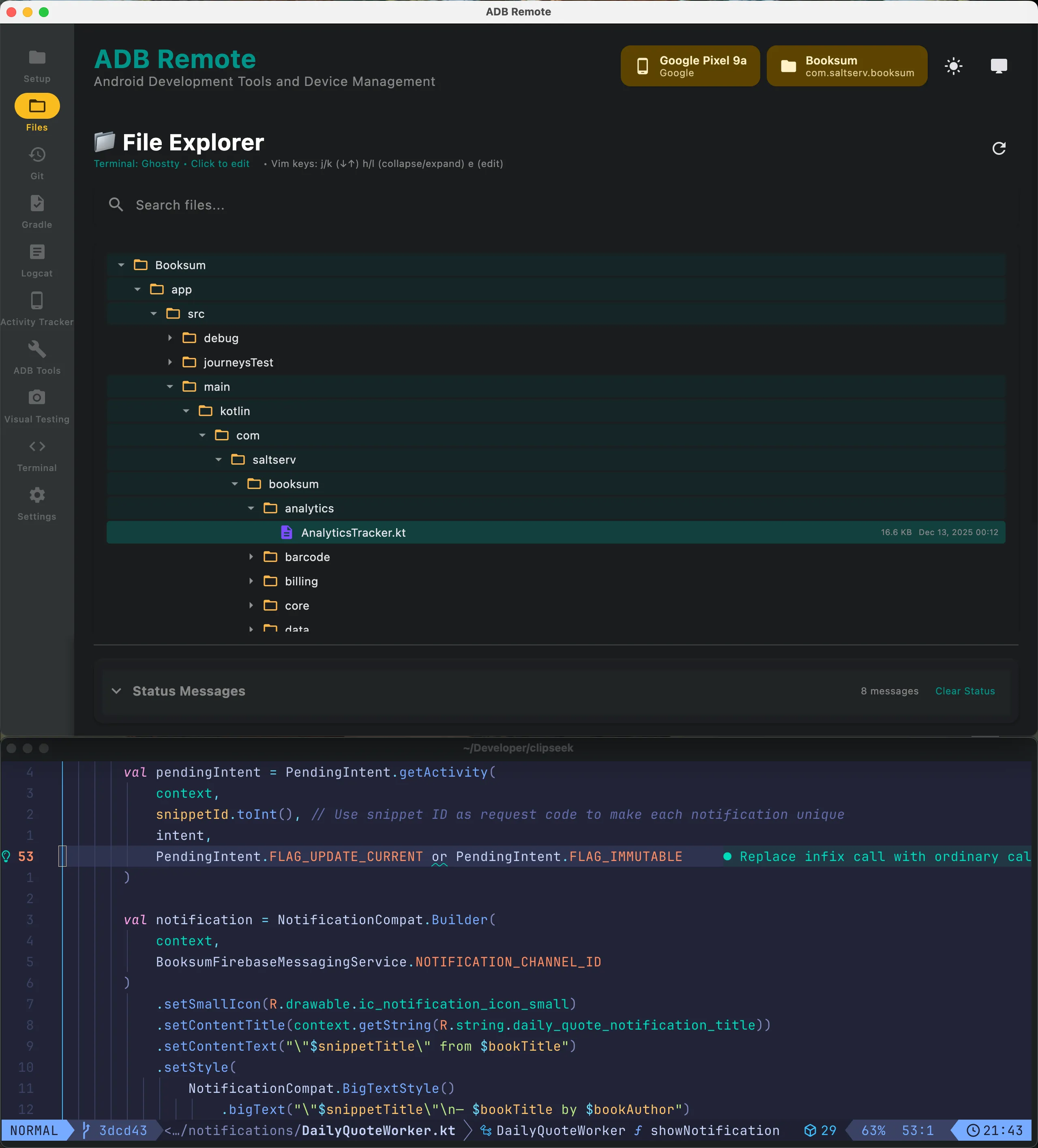 ADB Remote file explorer browsing the device filesystem and pulling files