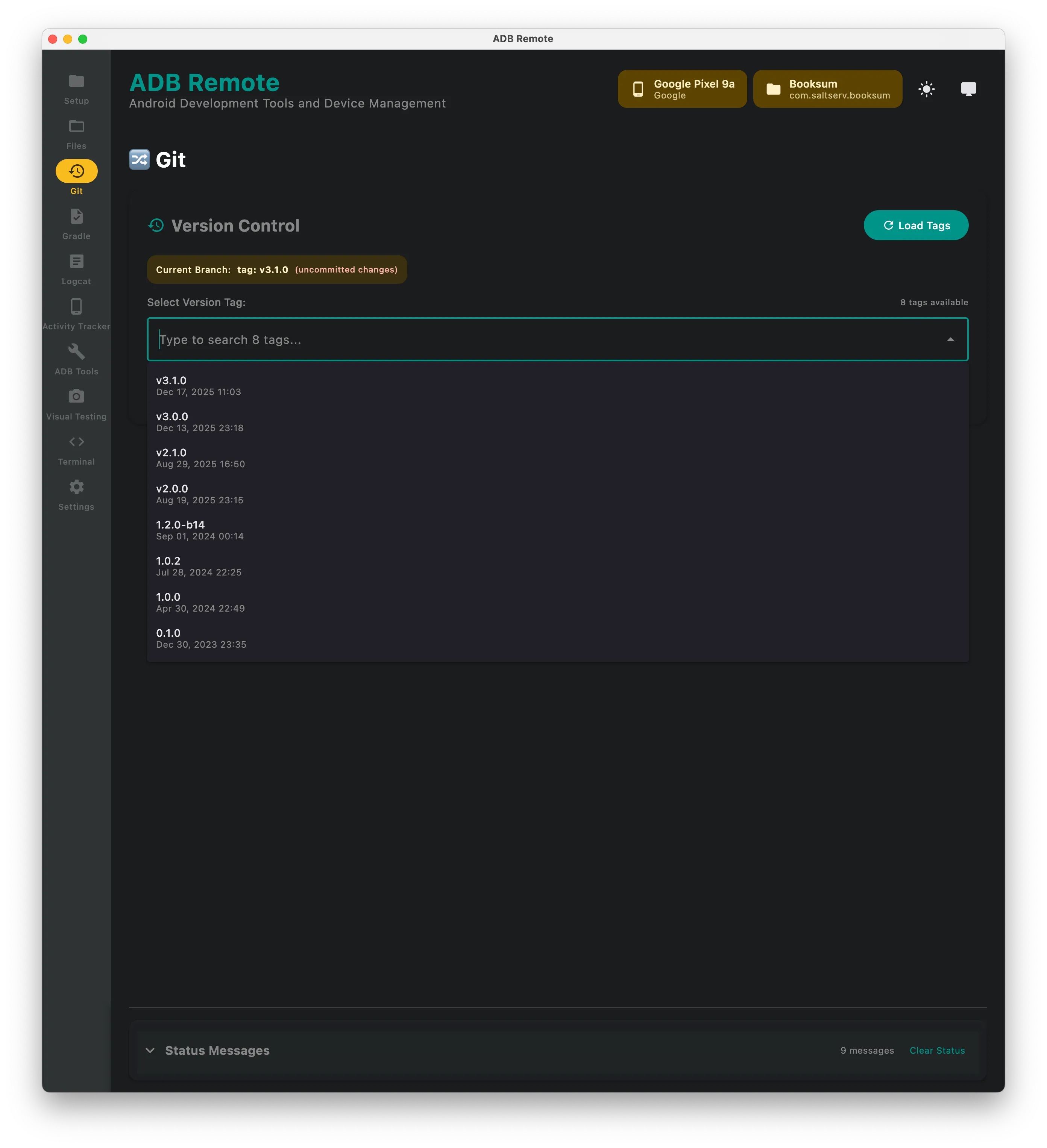 ADB Remote Git panel listing branches and tags to check out and run on a device