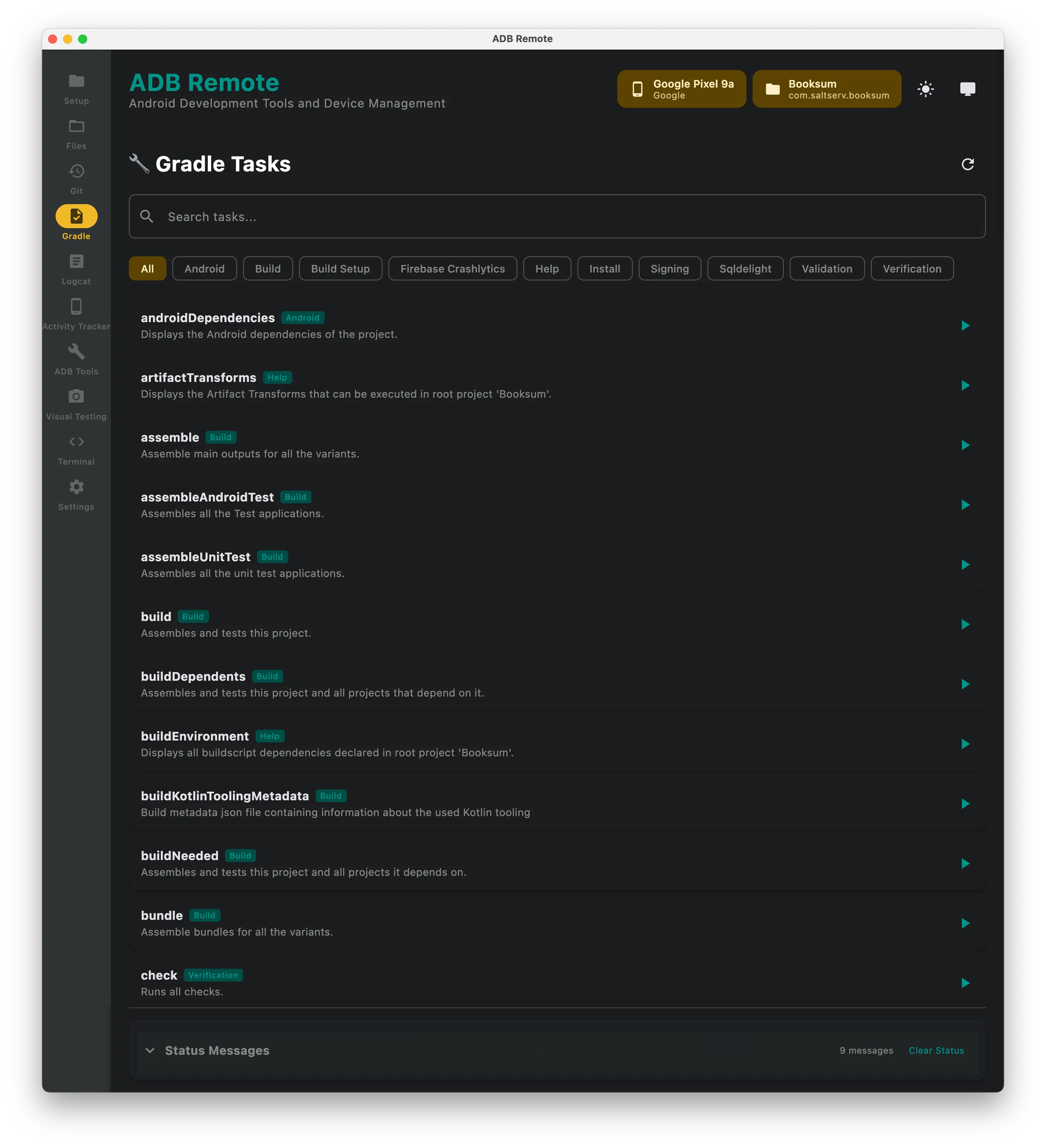 ADB Remote Gradle task list running assembleDebug with streaming output