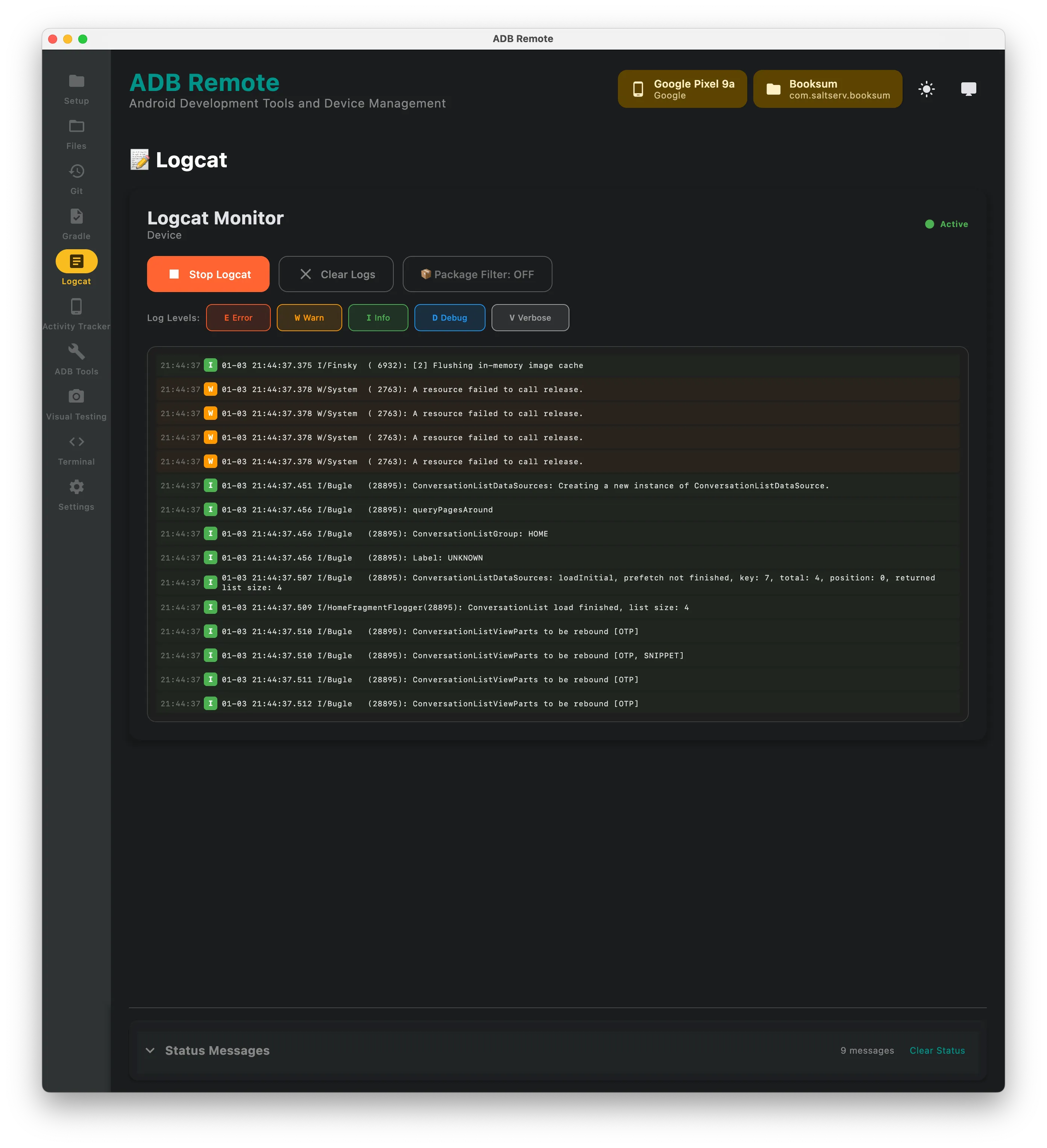 ADB Remote live logcat viewer filtered by level, tag and search text