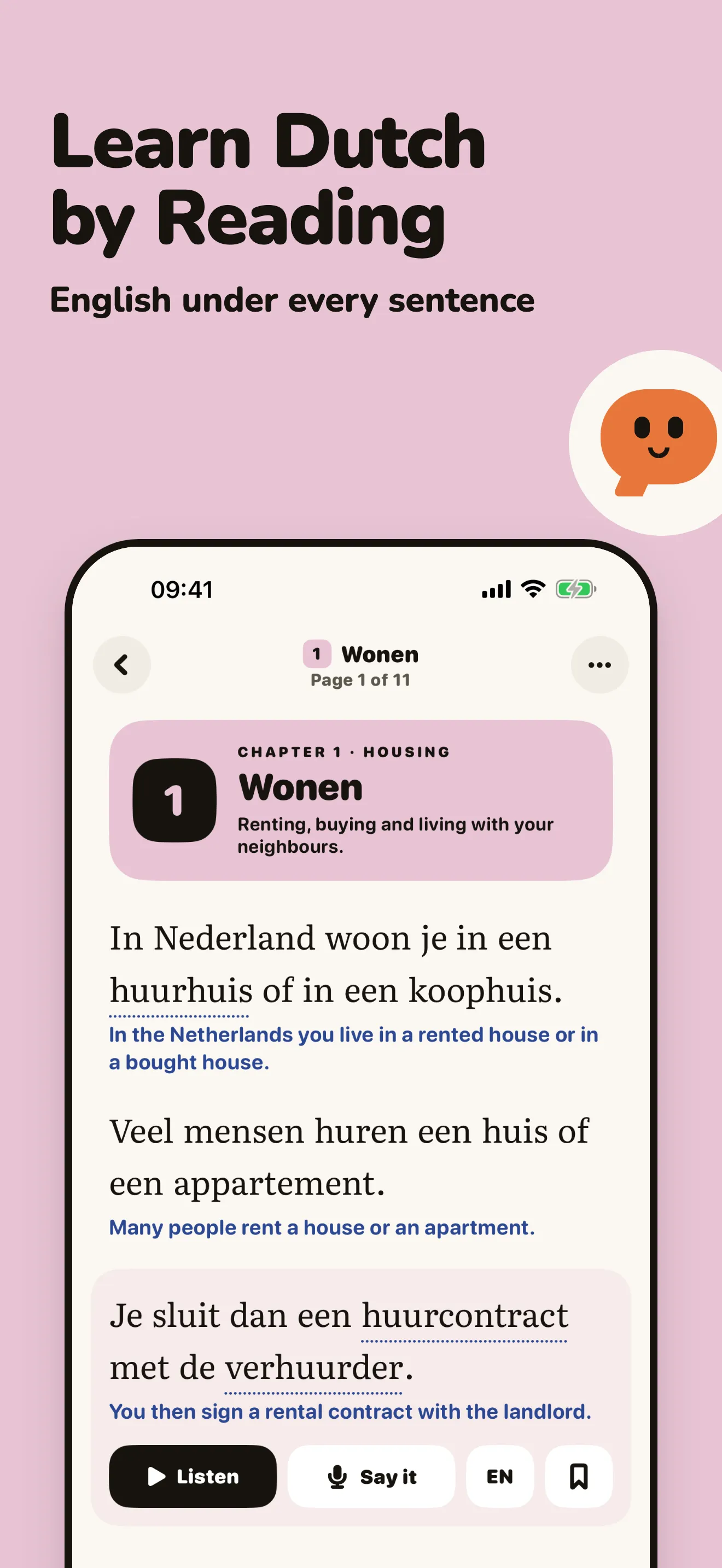 Pim reading view: Dutch sentences with English translations underneath