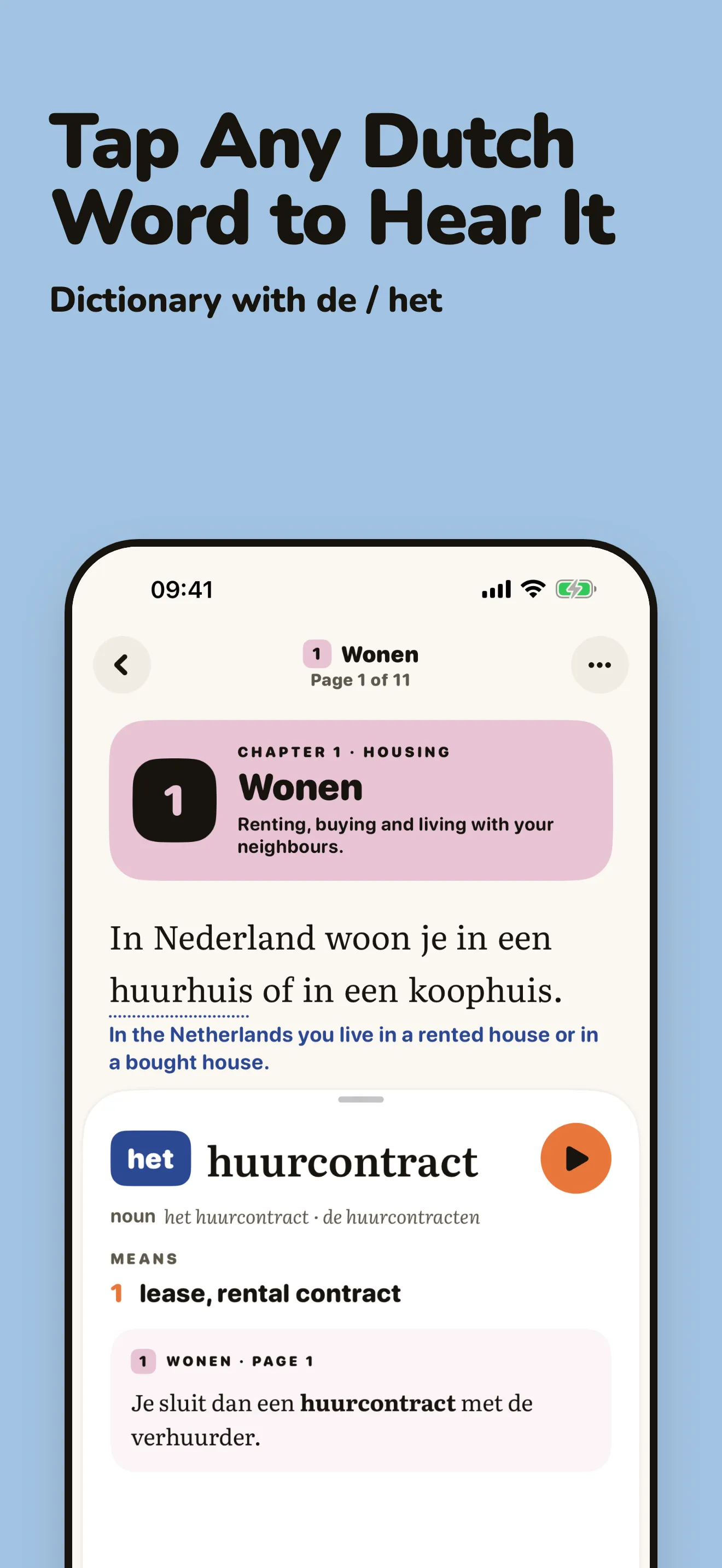 Pim dictionary: tap any word to see de or het, the meaning and an example