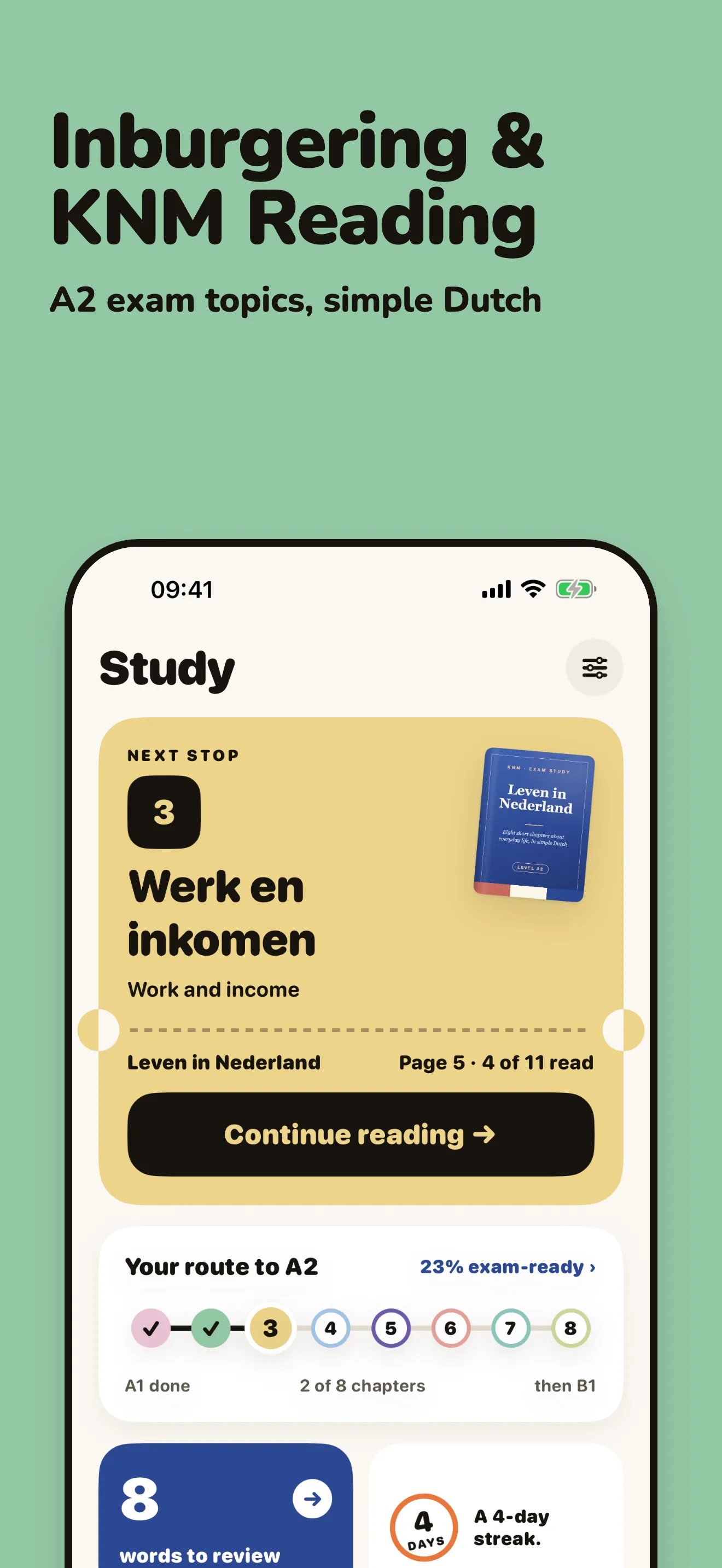 Pim study screen: inburgering and KNM reading, the A2 route with eight chapters