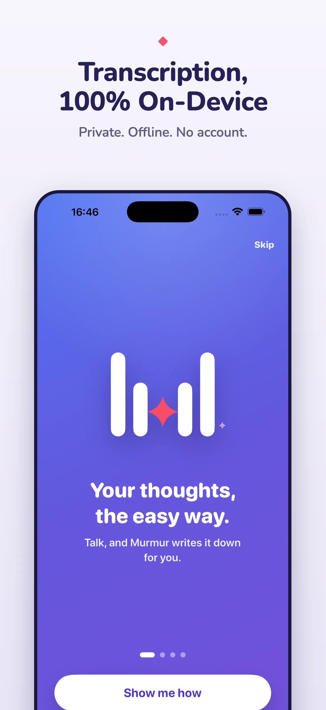 Murmur one-time setup screen downloading the on-device speech and language models