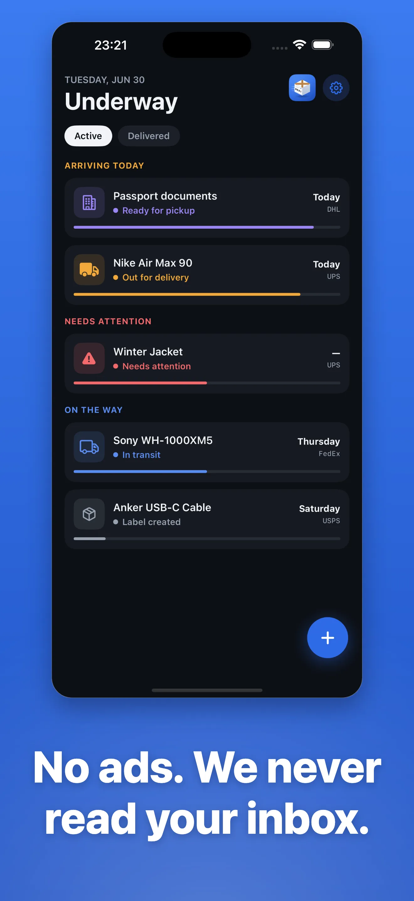 Underway privacy screen: no inbox access, no ads, parcels stay on the device