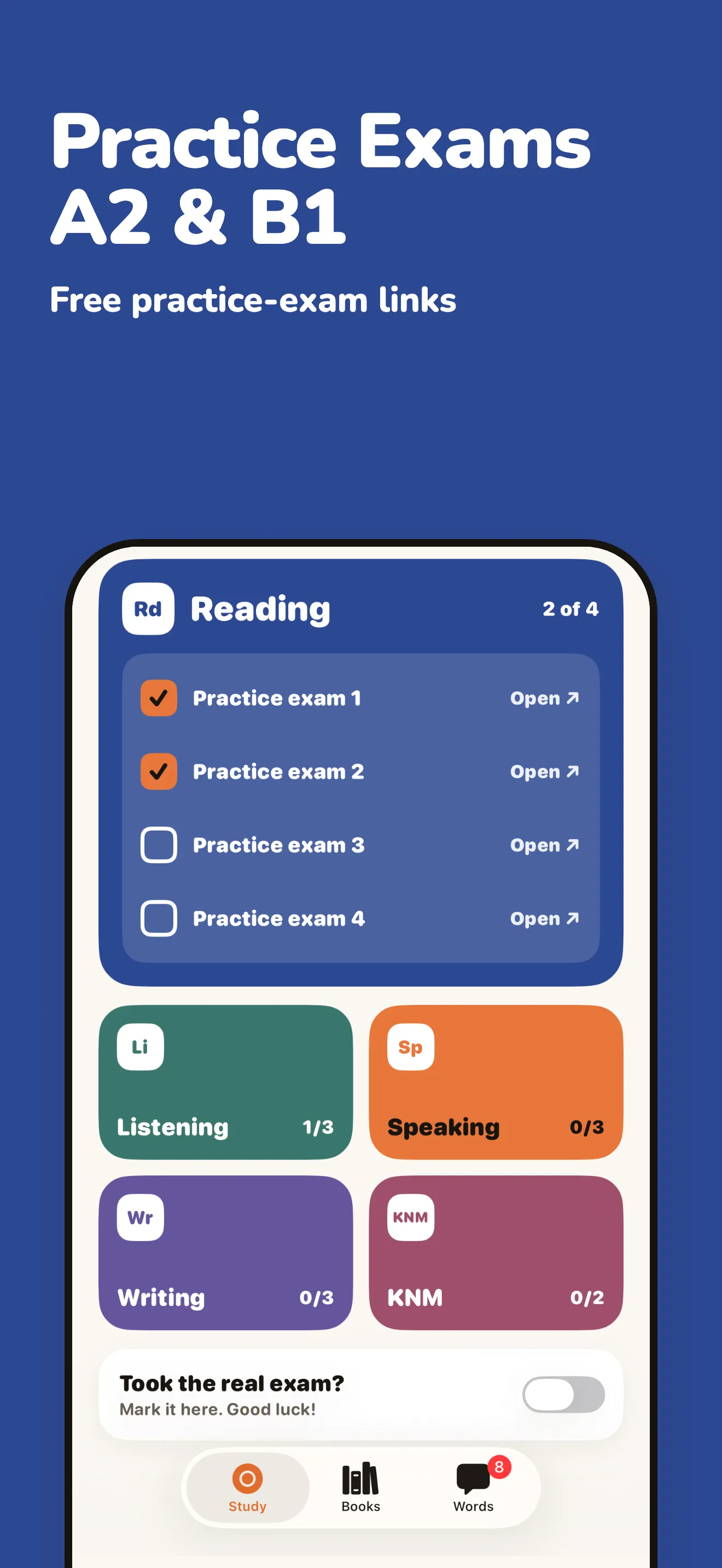 Pim practice exams for A2 and B1 with free practice-exam links