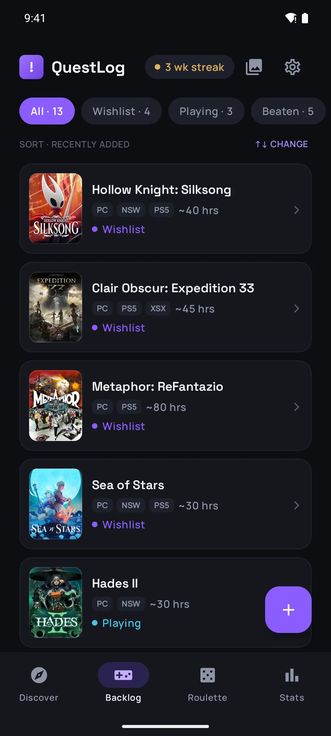 QuestLog backlog list with games sorted by status, platform badges and time-to-beat estimates