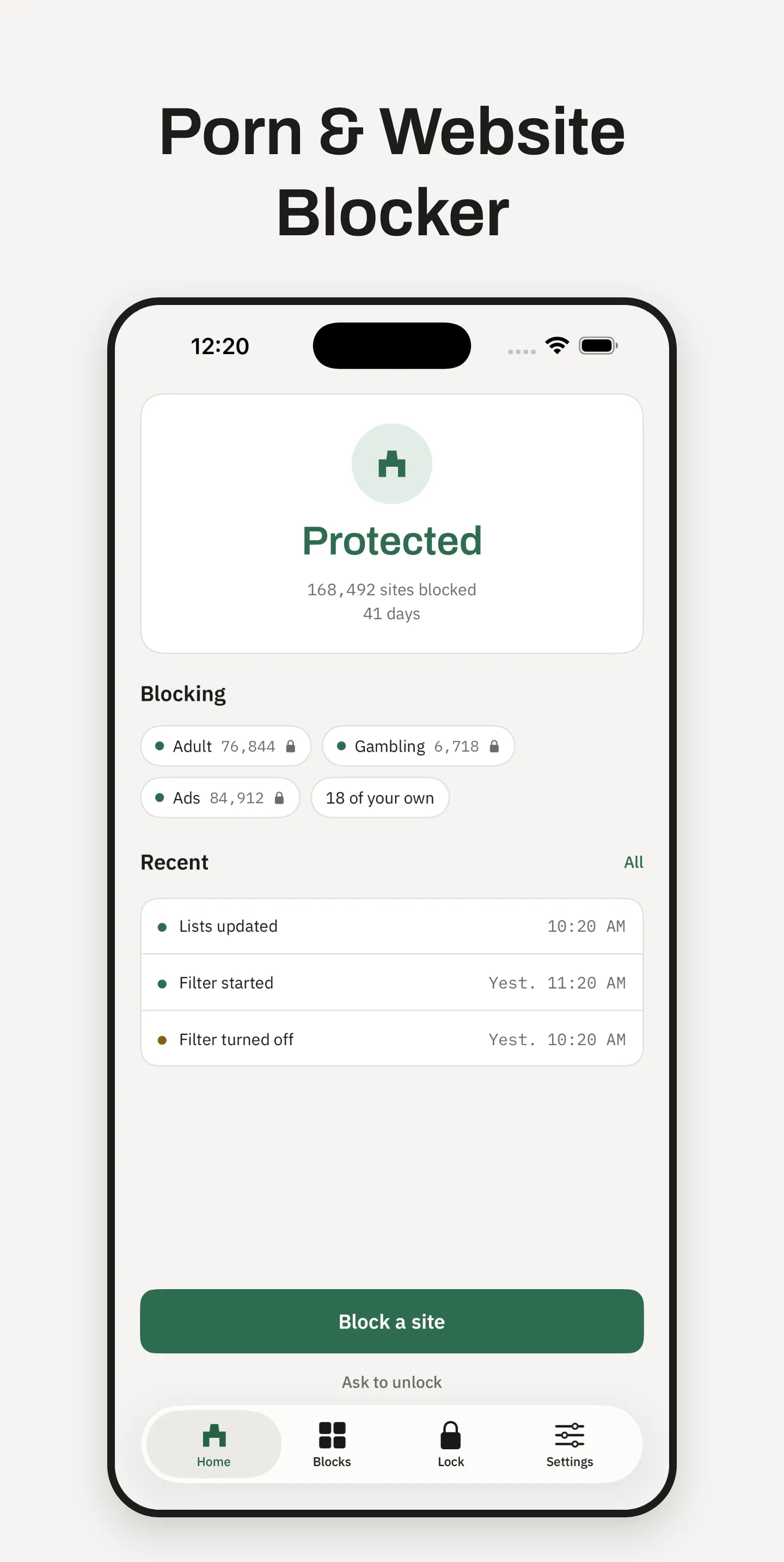 Ward home screen showing Protected, 168,492 sites blocked, and the Adult, Gambling and Ads categories