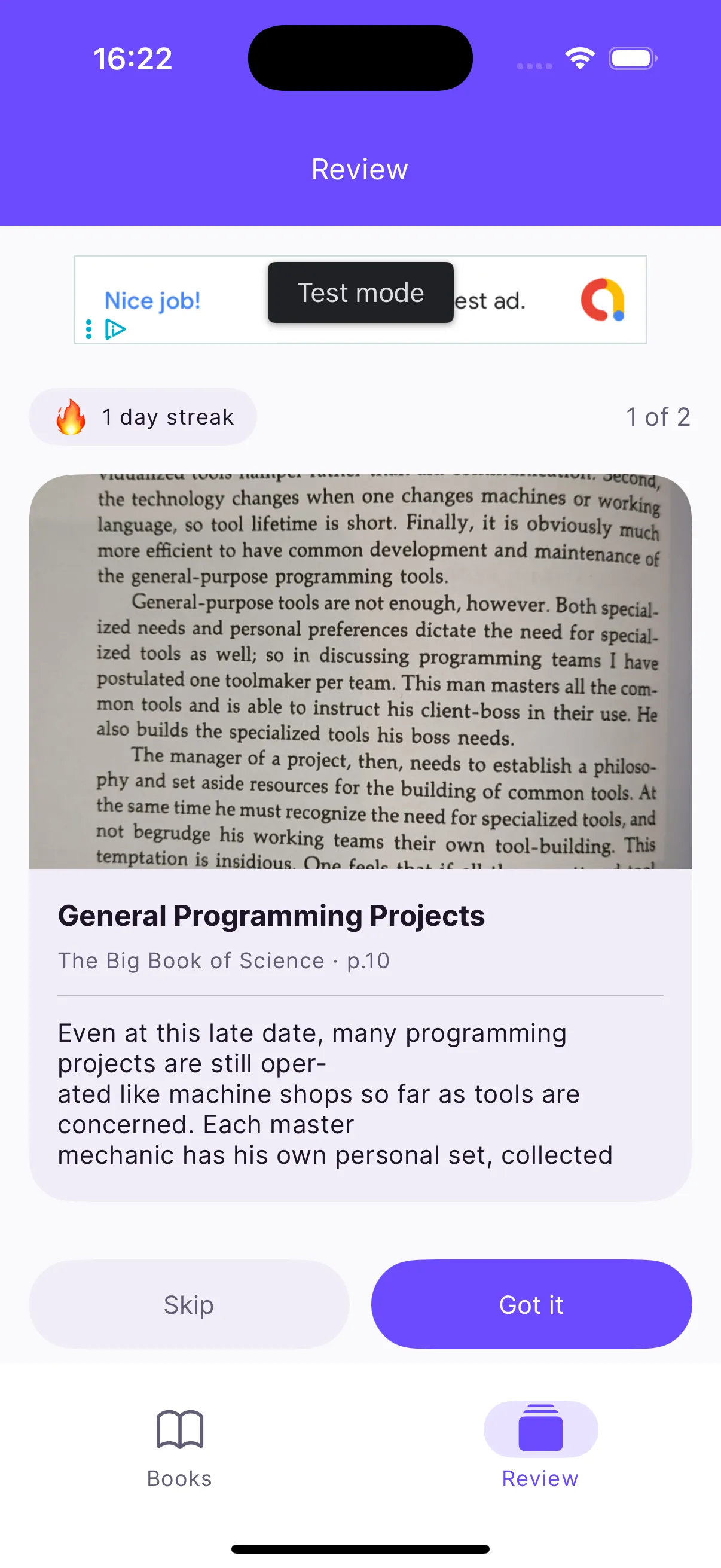 Booksum review tab surfacing saved quotes and highlights to re-read