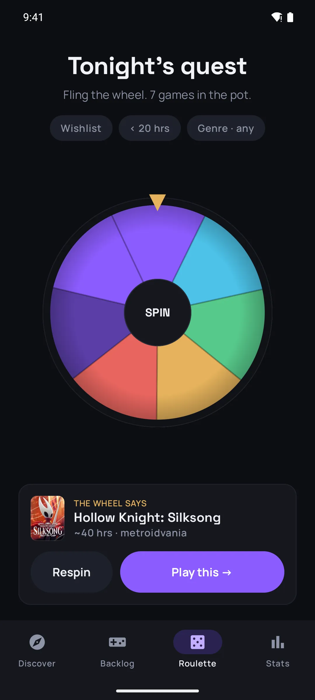 QuestLog backlog roulette wheel picking the next game to play, filtered by mood and length