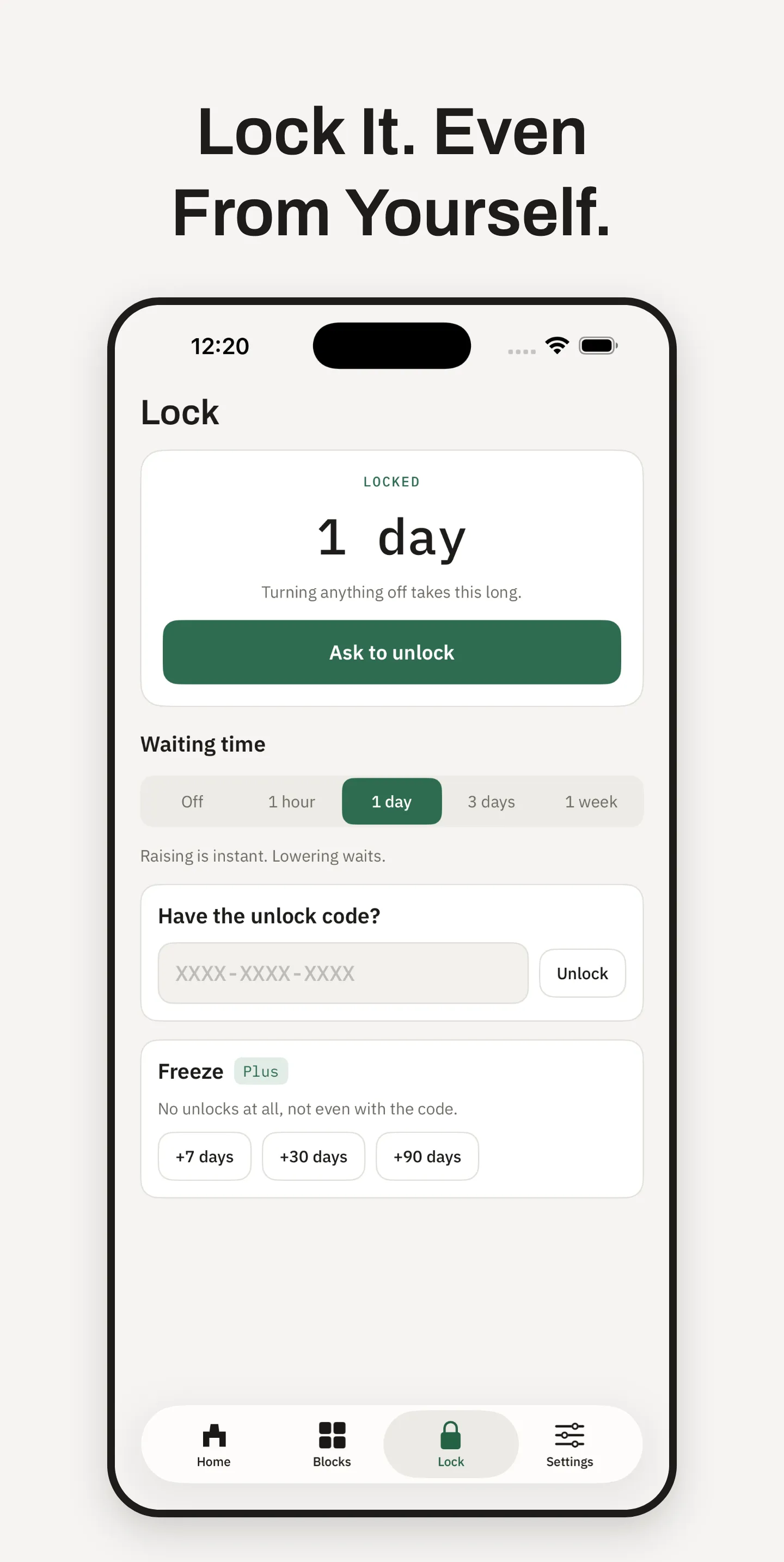 Ward Lock screen with the waiting time, unlock code for a friend, and Freeze options