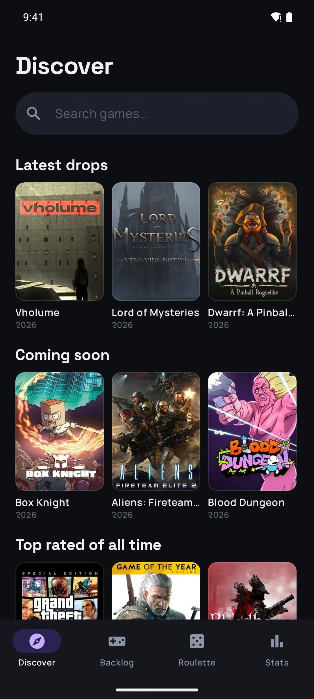QuestLog discover screen searching 500,000+ games via IGDB