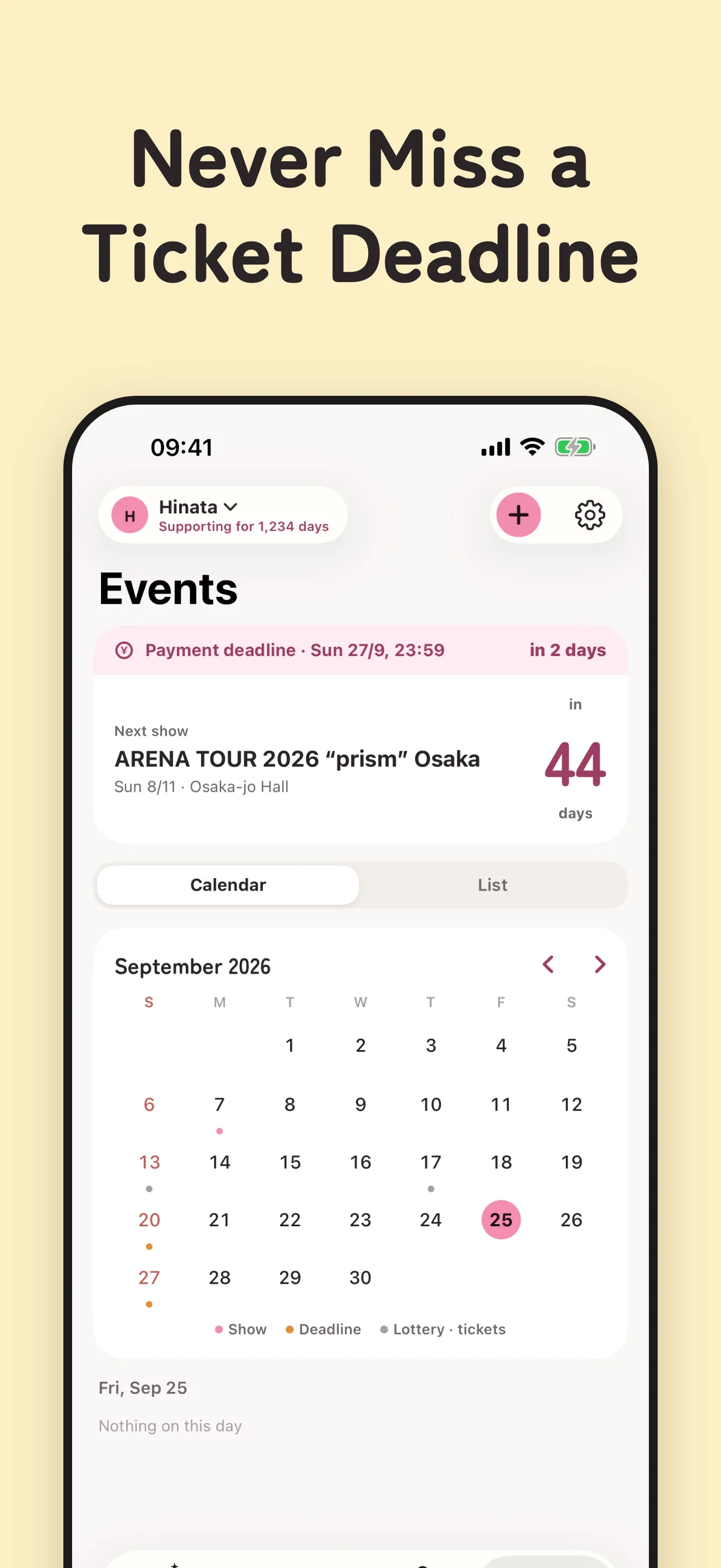 Ouen Events calendar with a payment deadline