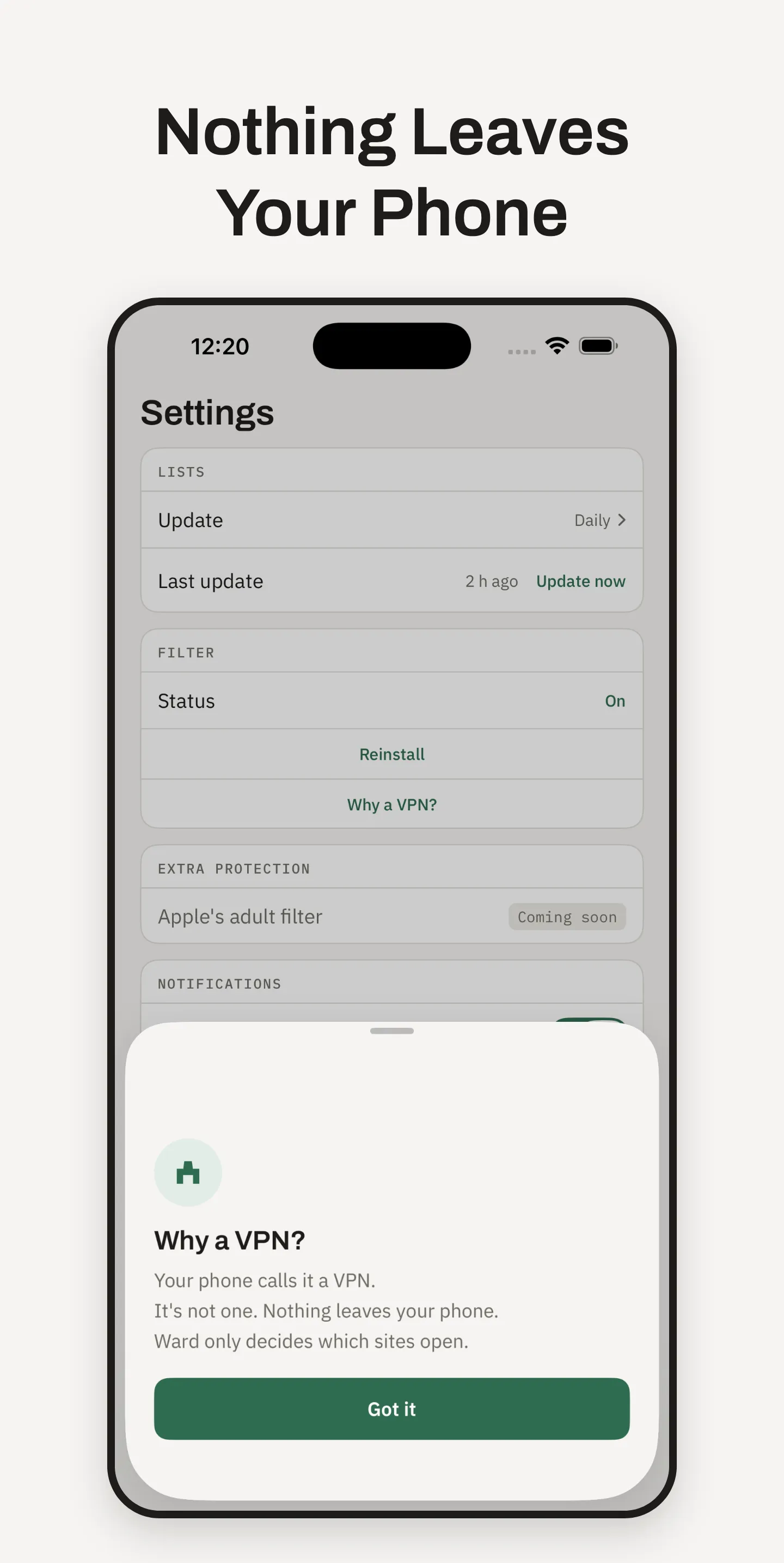 Ward 'Why a VPN?' explainer: the filter answers lookups on the phone and sends no traffic anywhere