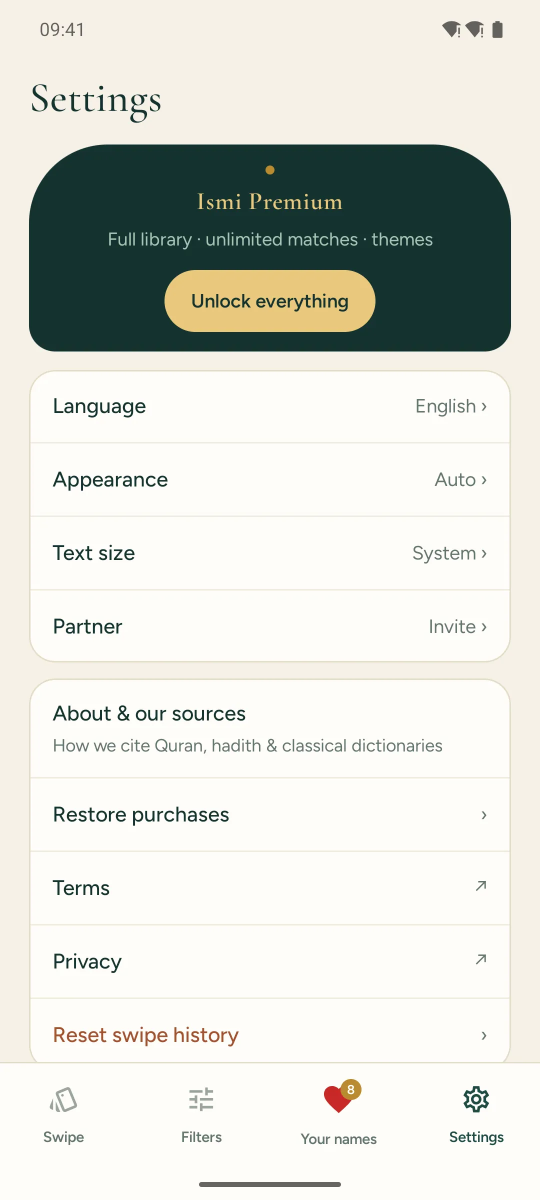 Ismi settings with language, appearance, text size and partner invite