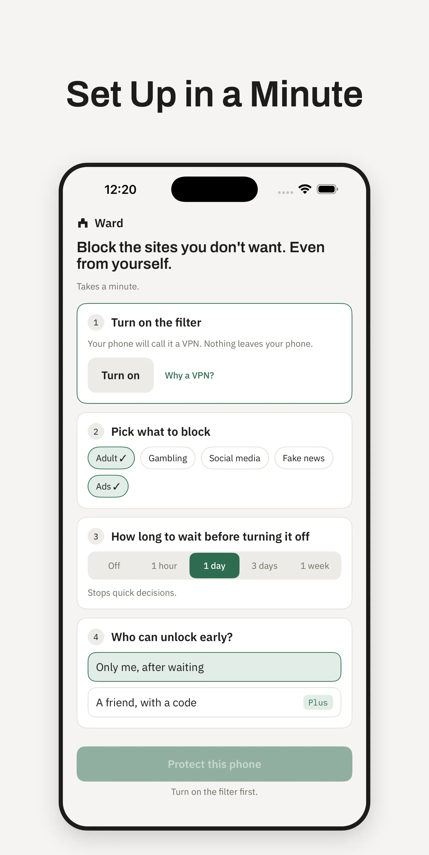 Ward setup: choose categories, turn on the filter, set a waiting time
