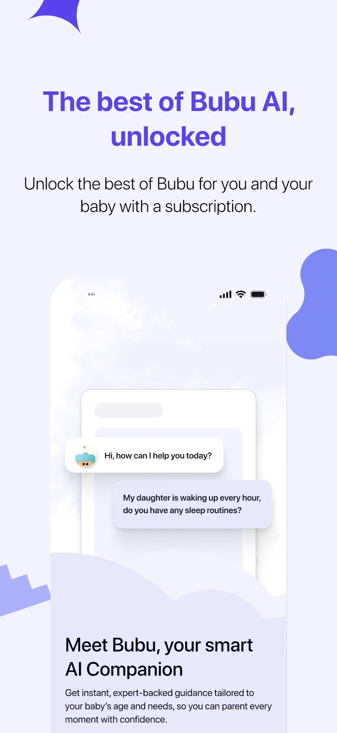 Bubu AI store screenshot: Meet Bubu, your smart AI companion, with a chat about a daughter waking every hour