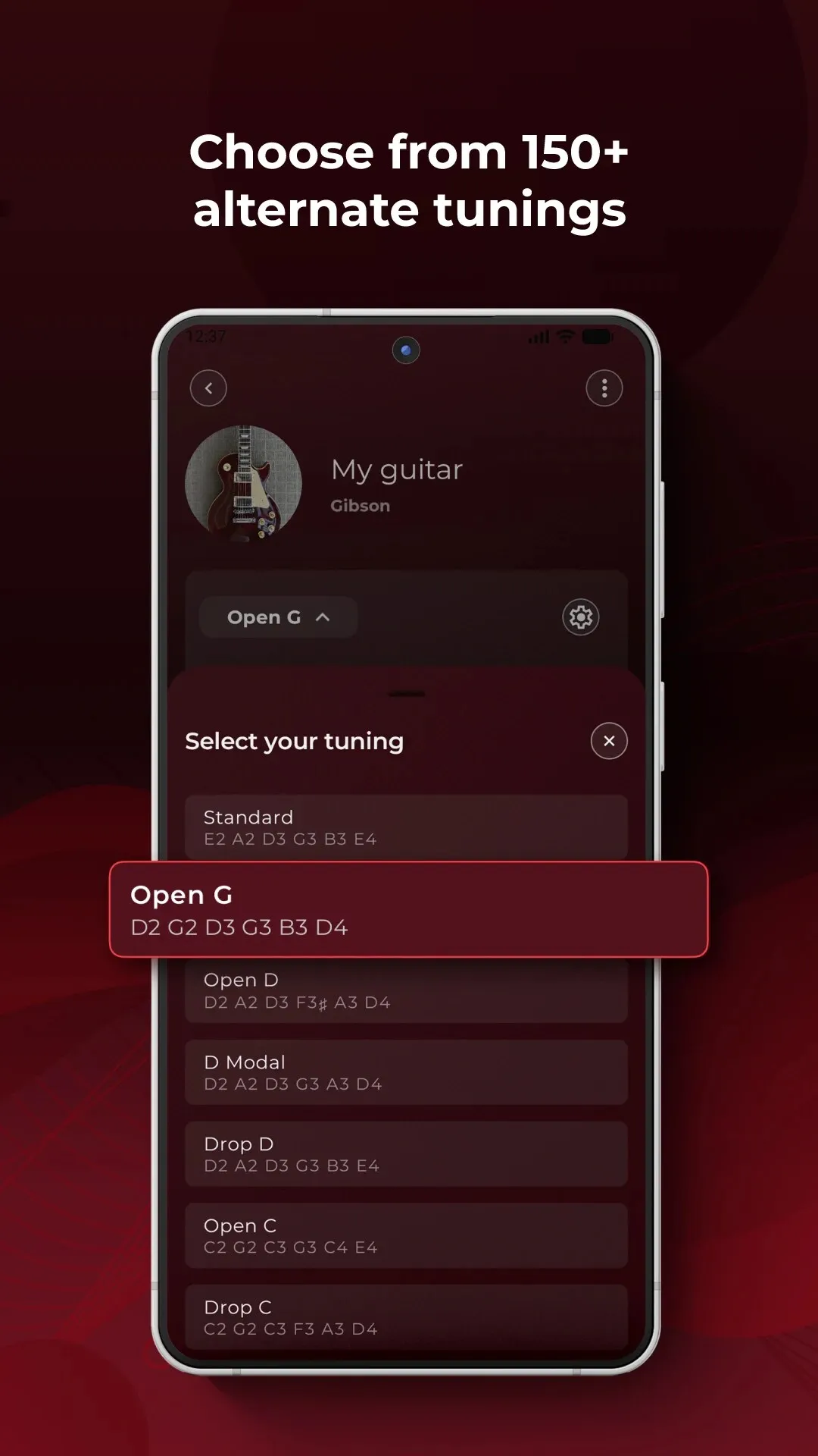 Roadie Tuner tuning picker showing Standard, Open G, D Modal, Drop D and other tunings