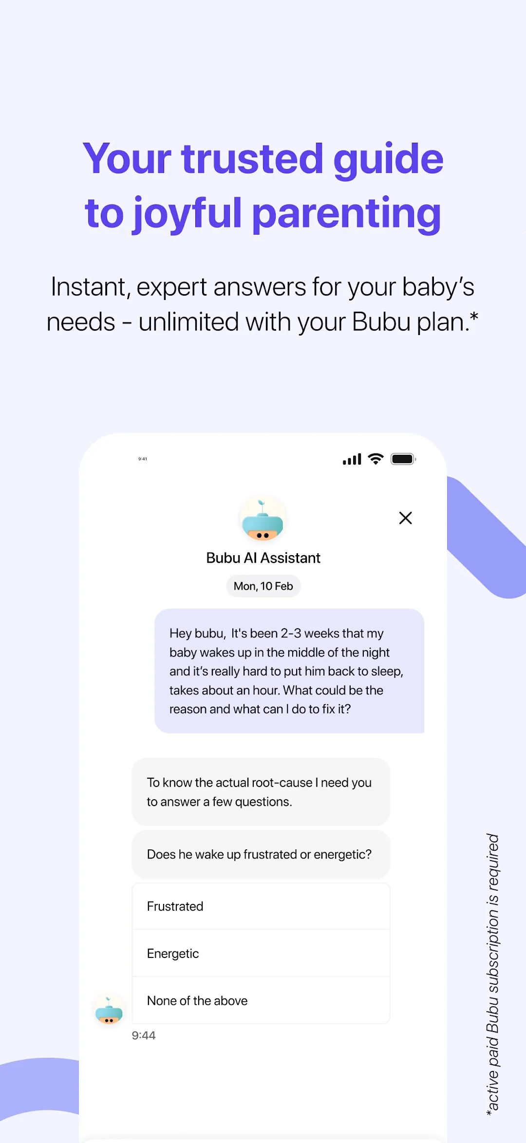 Bubu AI assistant asking follow-up questions about a baby waking at night
