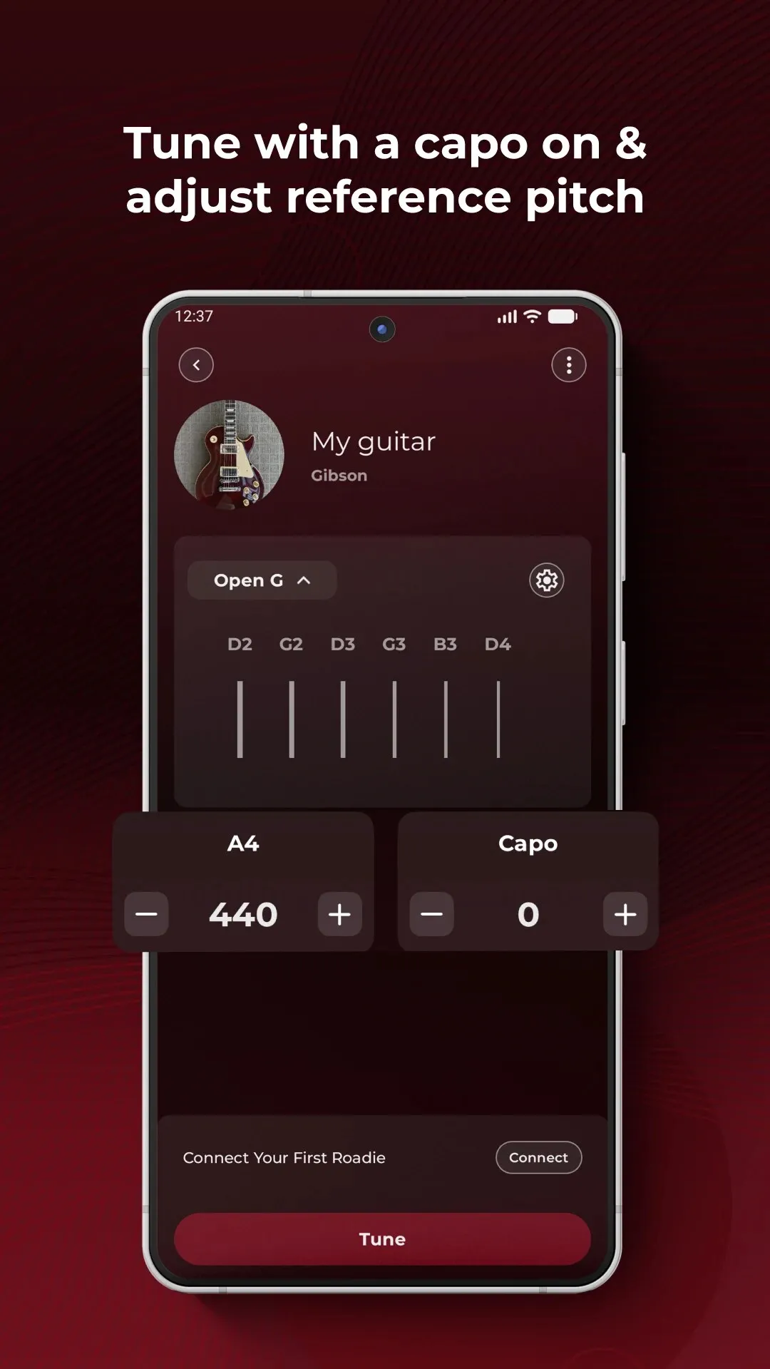 Roadie Tuner instrument screen with reference pitch 440 Hz and a capo position control