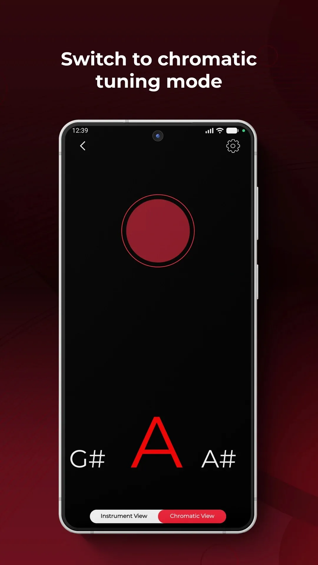 Roadie Tuner chromatic mode showing the detected note A between G# and A#