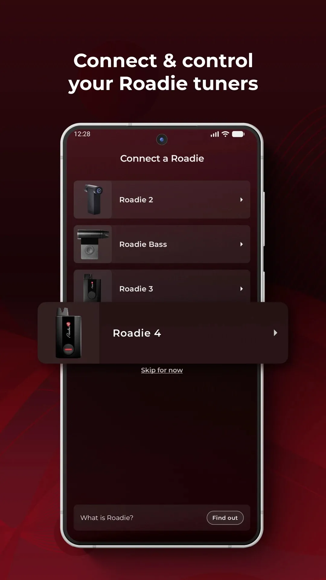Roadie Tuner pairing screen listing Roadie 2, Roadie Bass, Roadie 3 and Roadie 4 devices