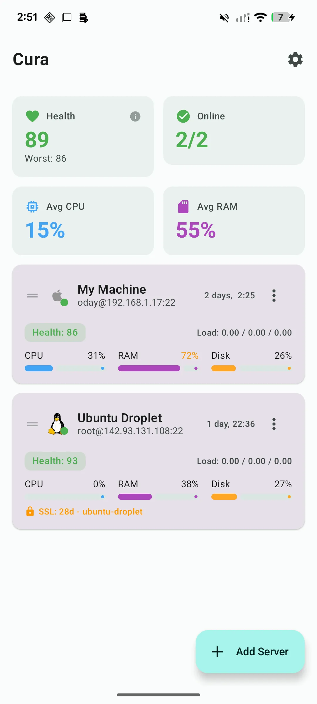 Cura Dashboard with multi-server overview showing health scores, CPU, RAM, and disk at a glance