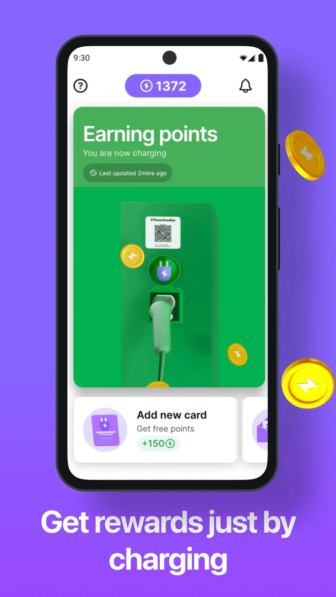 PowerGoodies session screen showing Earning points while the car charges