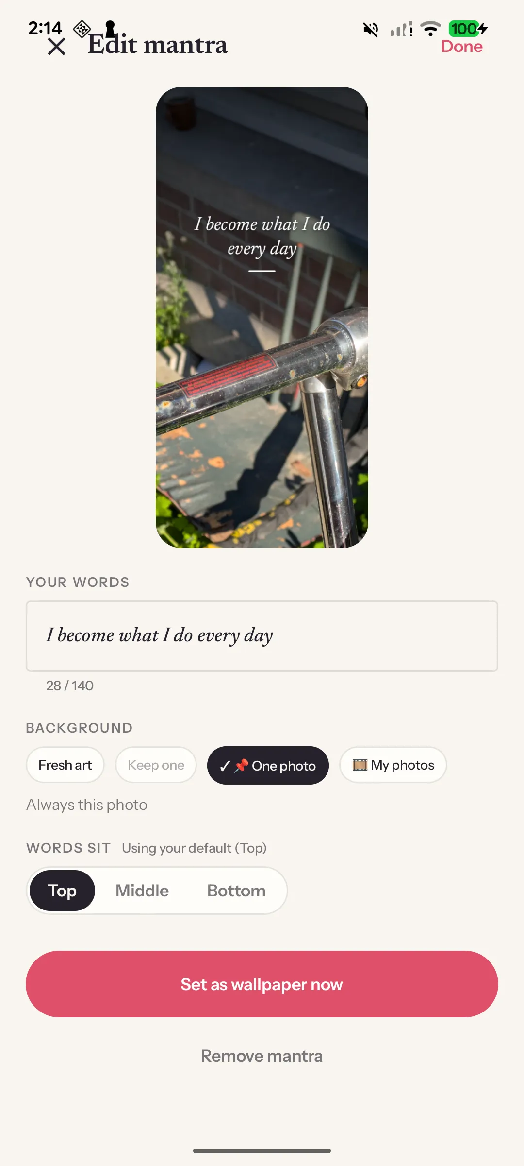 Mantra editor writing an affirmation with serif or sans lettering and text position