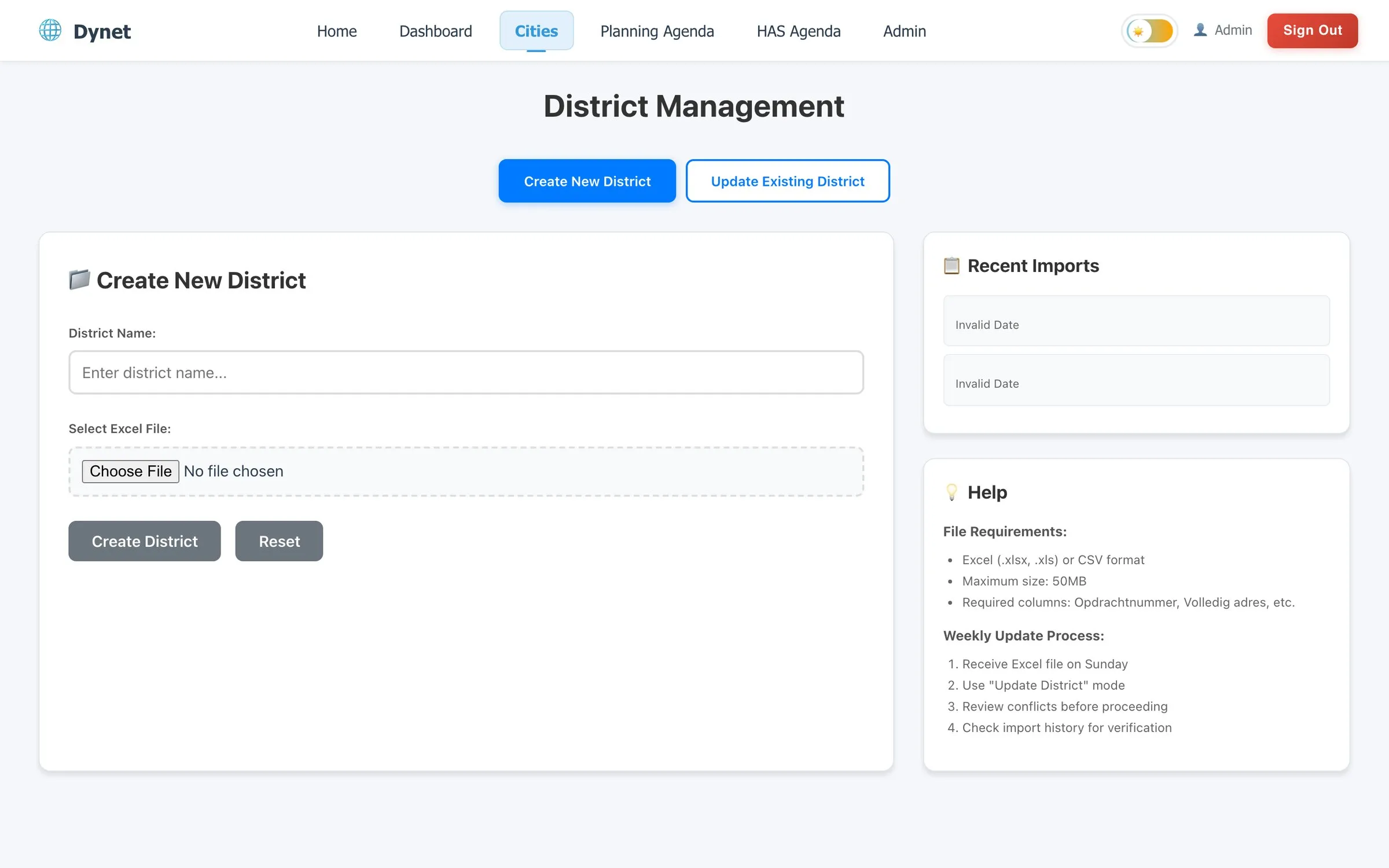 Dynet district import: name the district, choose the Excel file, with recent imports and file requirements alongside