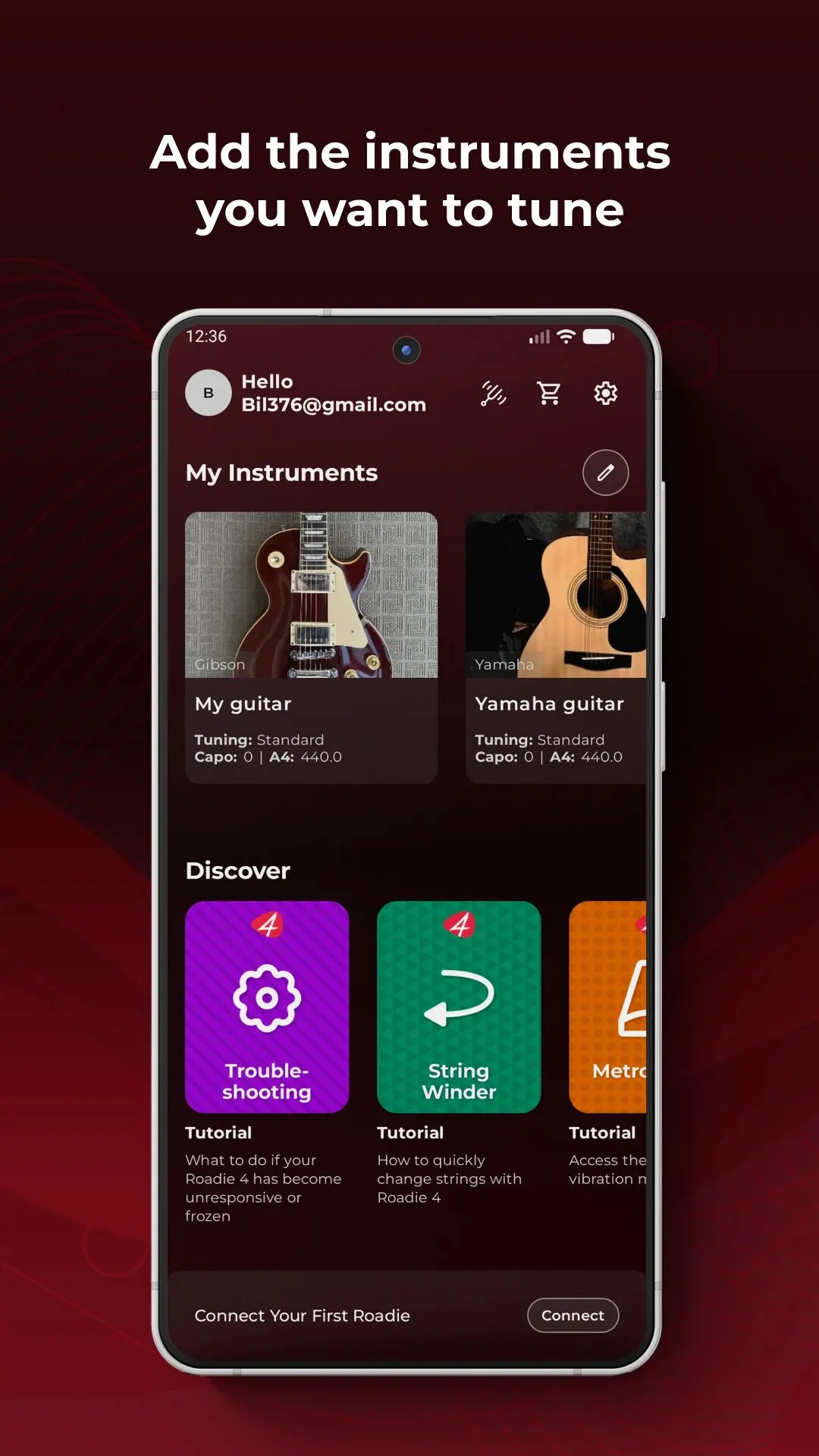 Roadie Tuner home screen with the user's instrument profiles and tutorial cards
