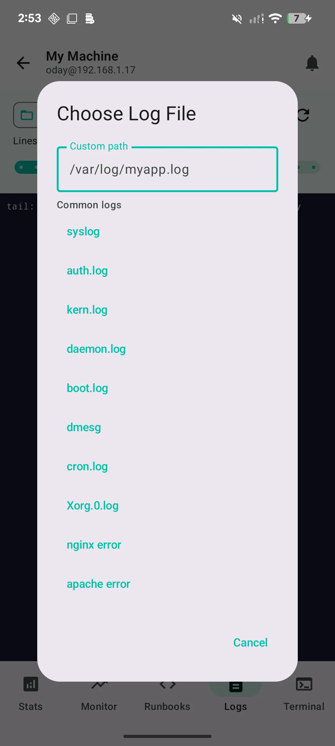 Cura log viewer tailing syslog and auth.log with colour-coded output
