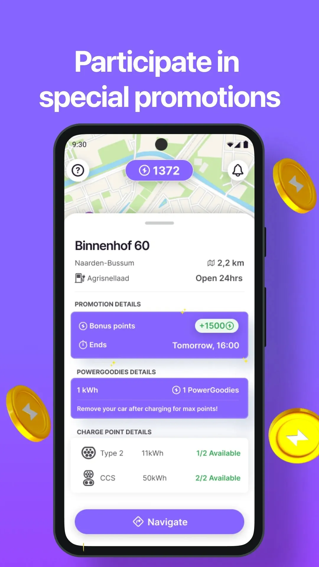 PowerGoodies charge point detail with a bonus-points promotion and connector availability