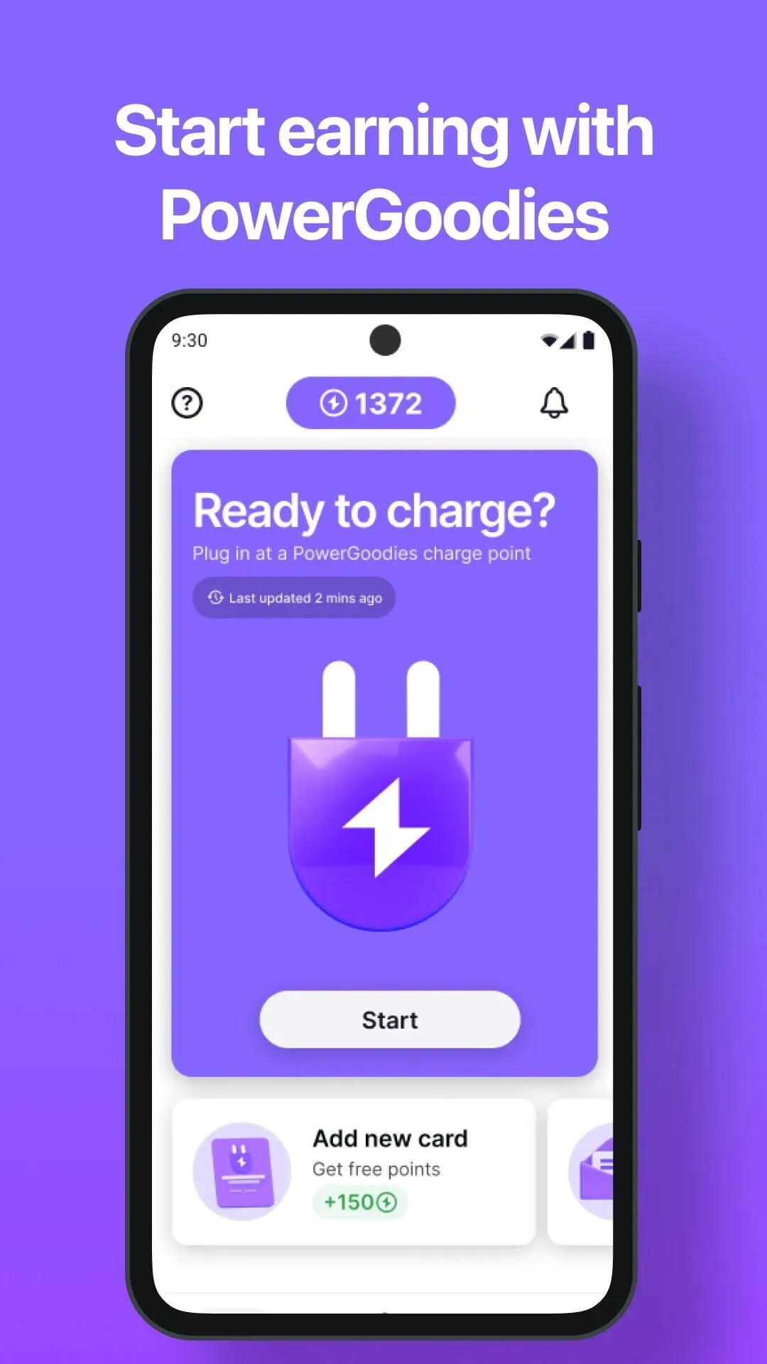 PowerGoodies home screen: points balance, a Ready to charge card and an Add new card bonus