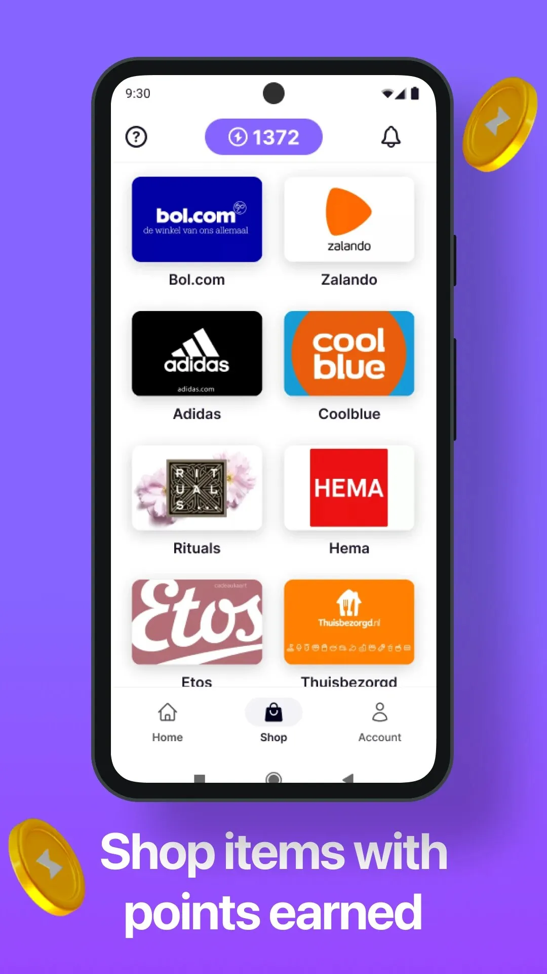 PowerGoodies shop with bol.com, Zalando, Adidas, Coolblue, Rituals, HEMA and Etos vouchers