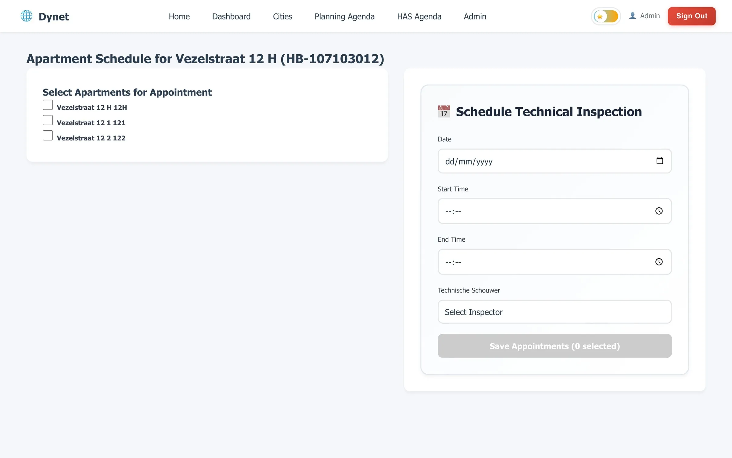 Dynet scheduling page for a building: select apartments, then set date, start and end time and the inspector
