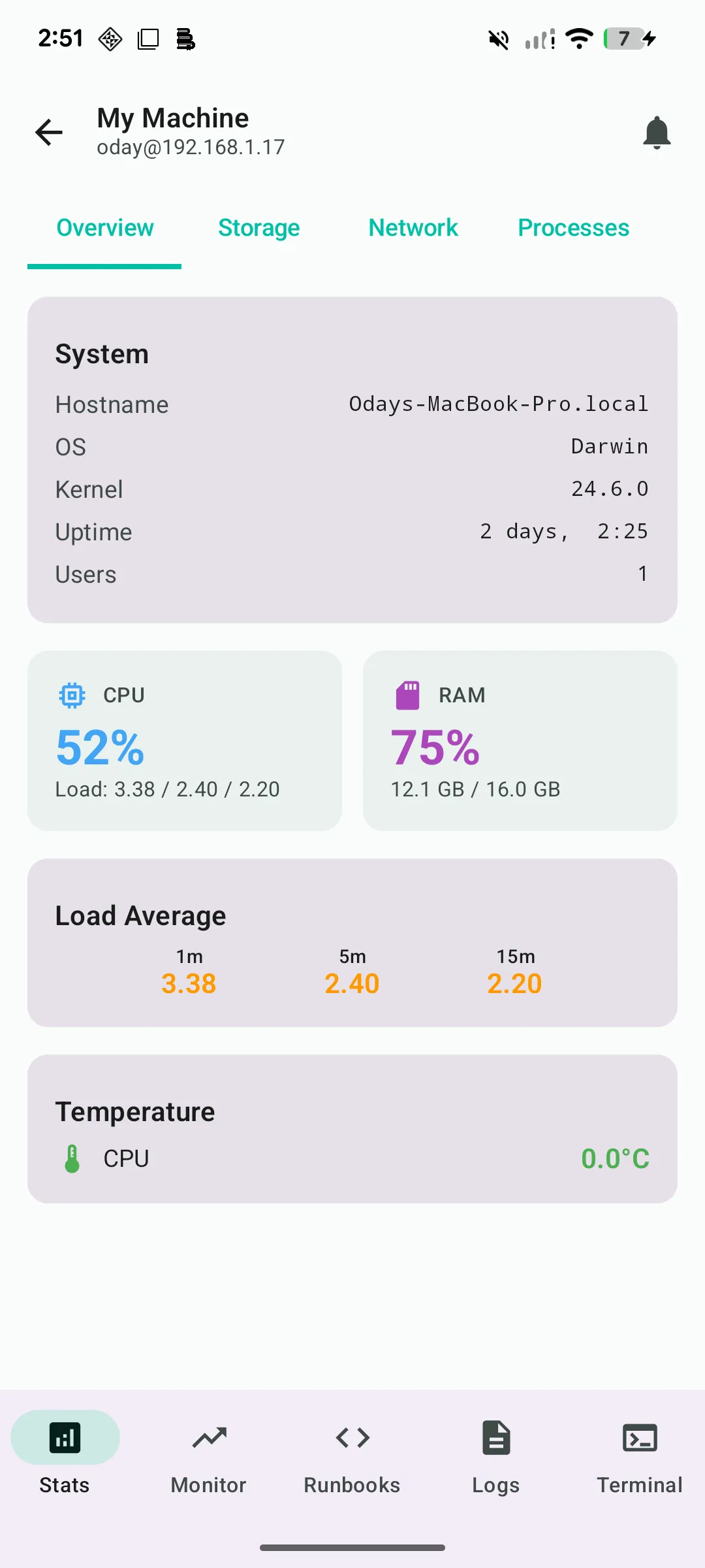 Server overview showing system info, CPU, RAM, load averages, and temperature