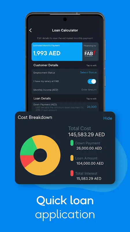 Seez store screenshot: Quick loan application — a loan calculator with monthly payment and a cost breakdown chart
