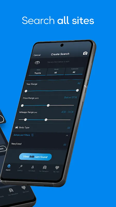 Seez store screenshot: Search all sites — a create-search form with make, model, year, price, mileage and body type filters