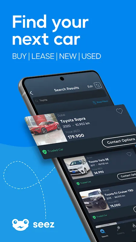 Seez store screenshot: Find your next car — buy, lease, new, used — with search results for Toyota models in Dubai