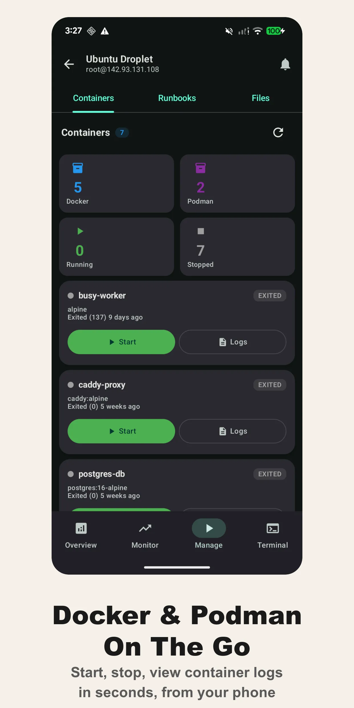 Docker and Podman container management with start, stop, and log access