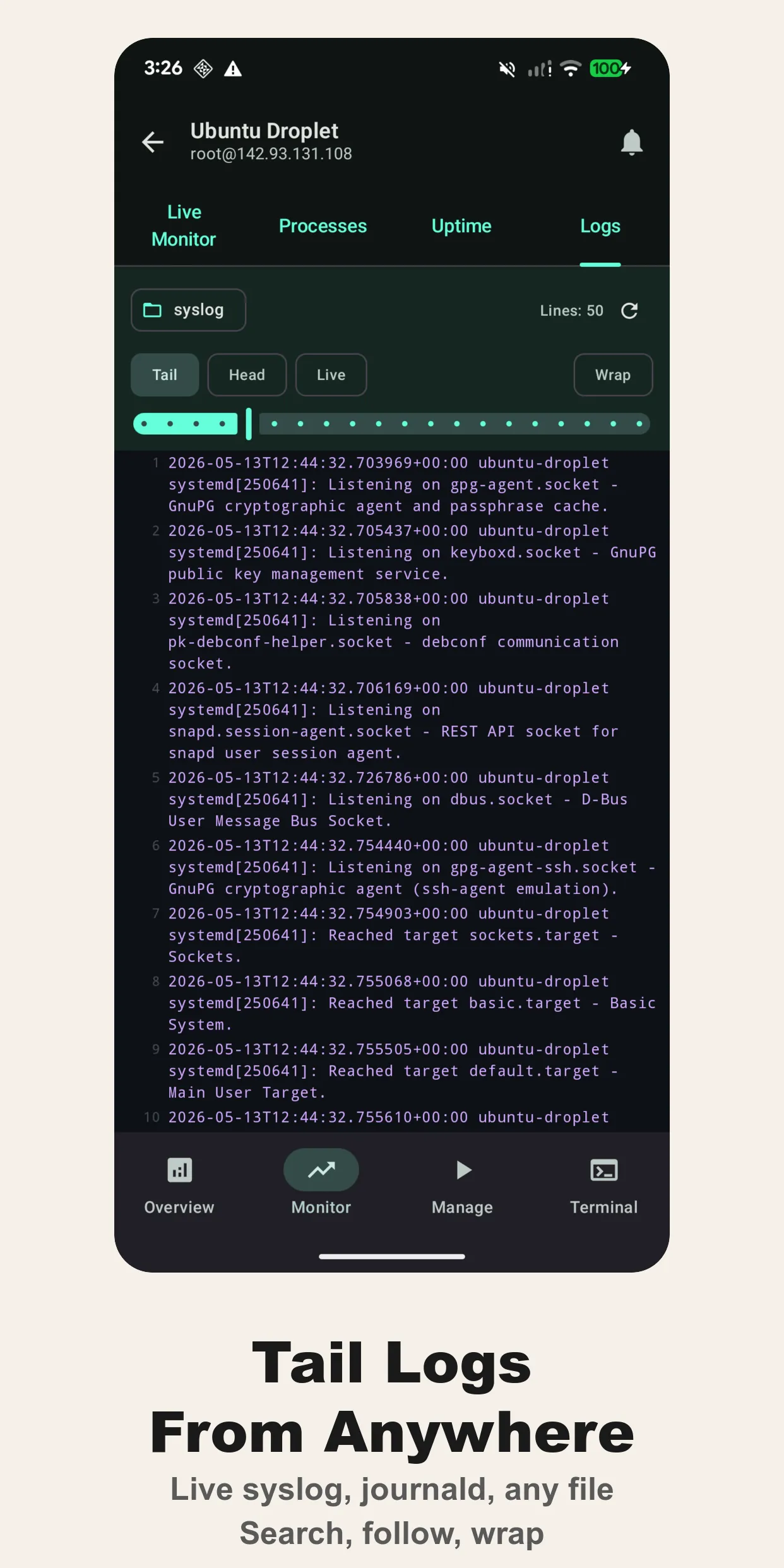 Log viewer with common system logs and custom path support