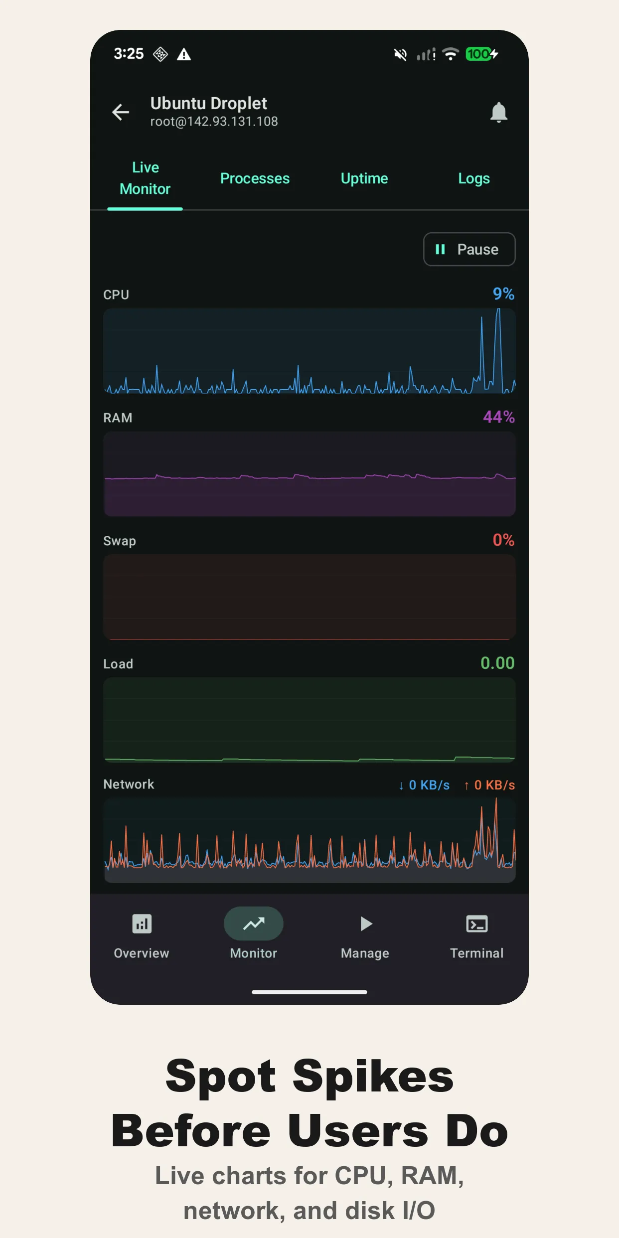 Live monitoring with real-time CPU, RAM, swap, load, network, and disk I/O charts