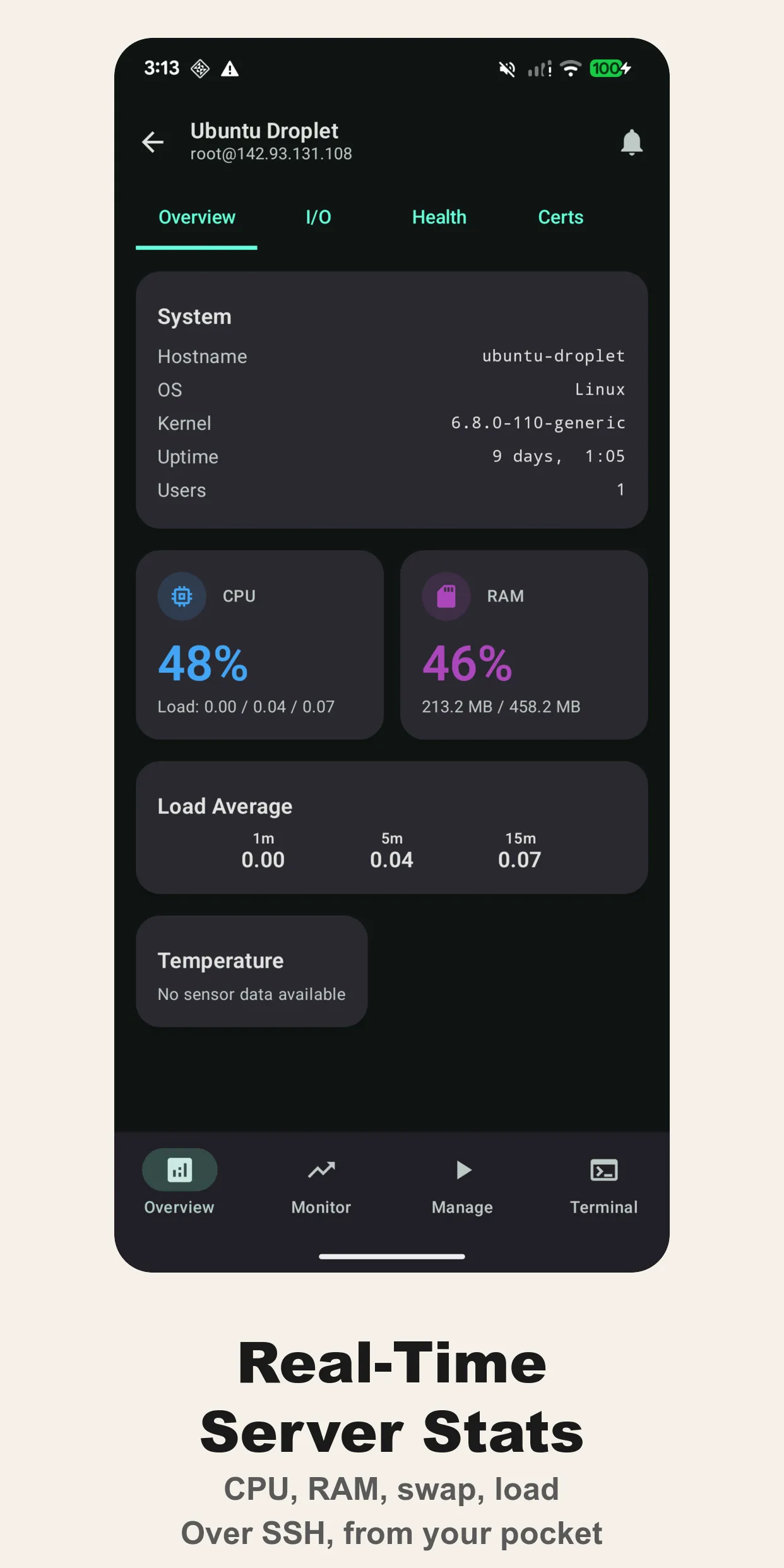 Server overview showing system info, CPU, RAM, load averages, and temperature