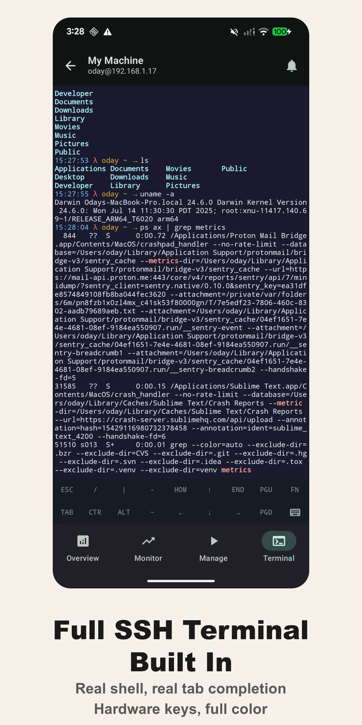 Full SSH terminal emulator with VT100/xterm support