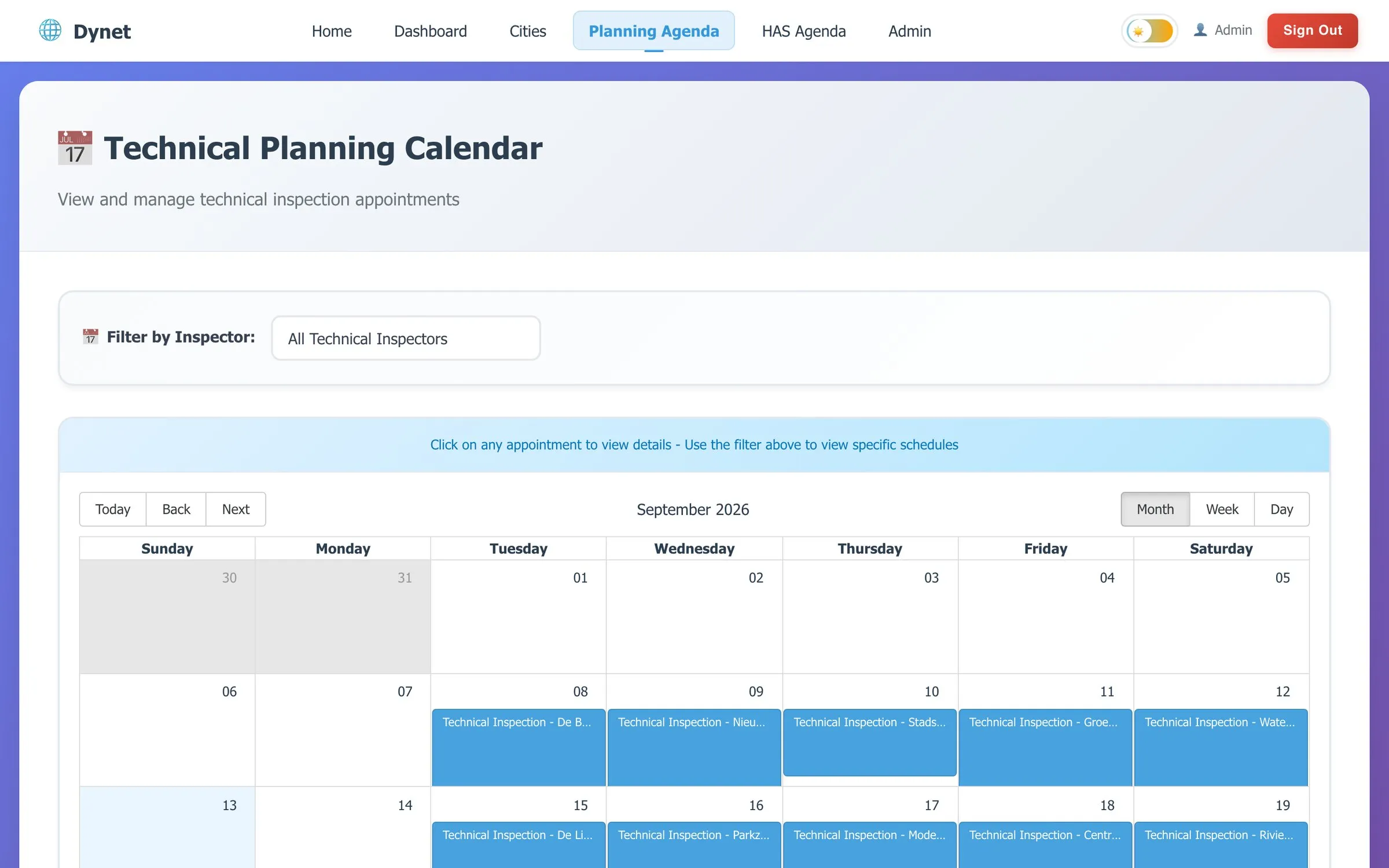Technical planning calendar