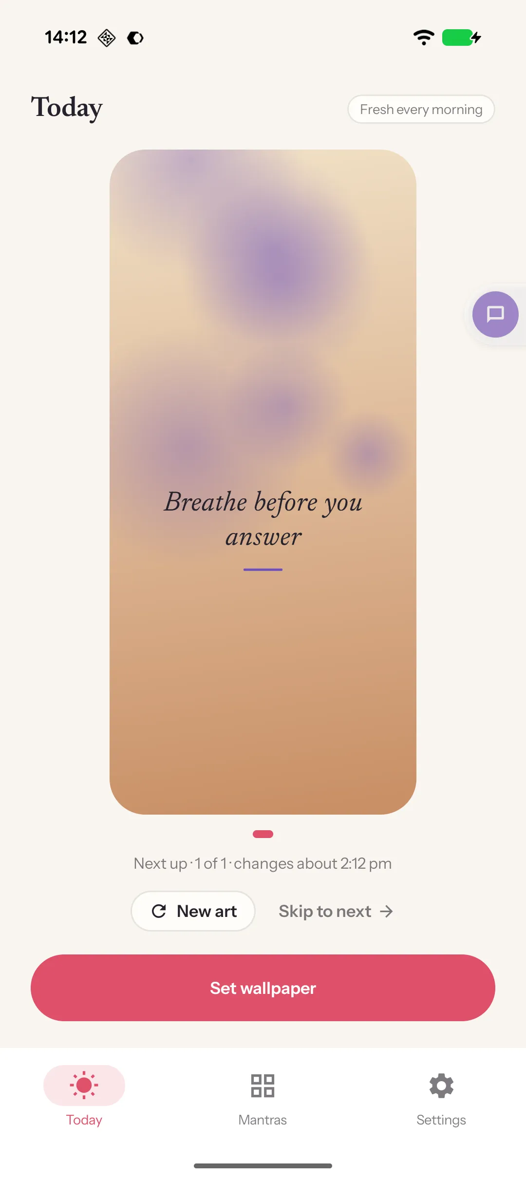 Mantra home screen mirroring the lock screen: the user's own affirmation set over an illustrated background
