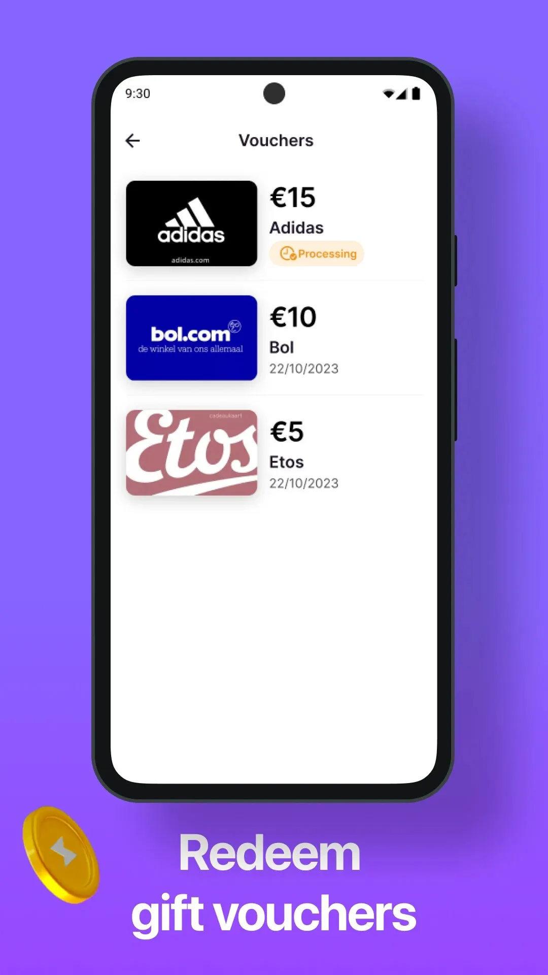 PowerGoodies vouchers screen listing redeemed Adidas, bol.com and Etos vouchers